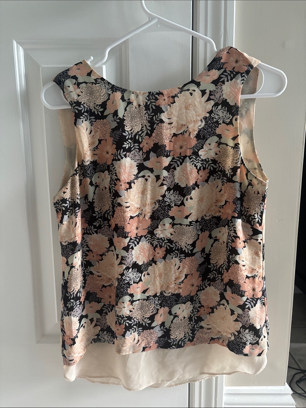 Rose & Olive Black Floral Tank Top with Peach and Cream Blooms